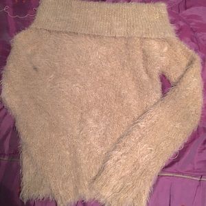 Off the shoulder sparkle holiday sweater. Blush with metallic gold threads.